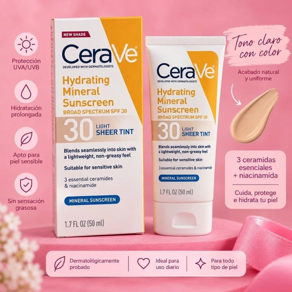 CeraVe Hydrating Mineral Sunscreen SPF 30 Light Sheer Tint 1.7 oz – New